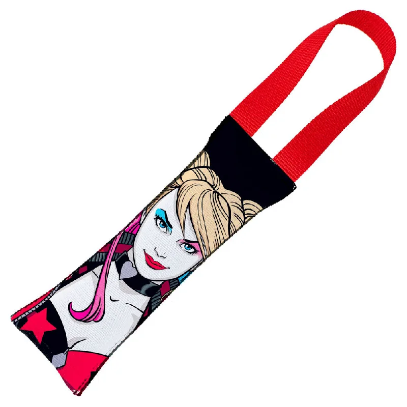 Dog Toy Squeaky Tug Toy - Harley Quinn Face + Diamond Icon CLOSE-UP Black Red - RED Webbing