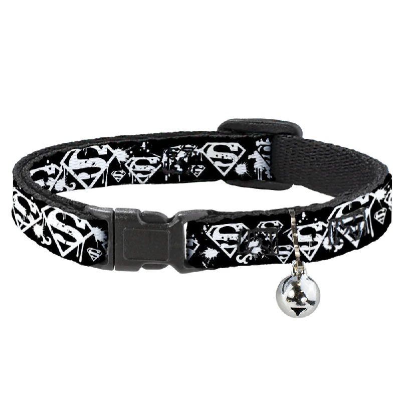 Cat Collar Breakaway - Superman Shield Splatter Black White