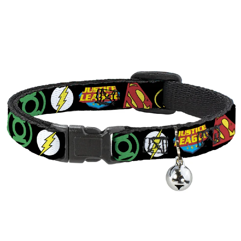 Cat Collar Breakaway - Justice League Superhero Logos CLOSE-UP Black