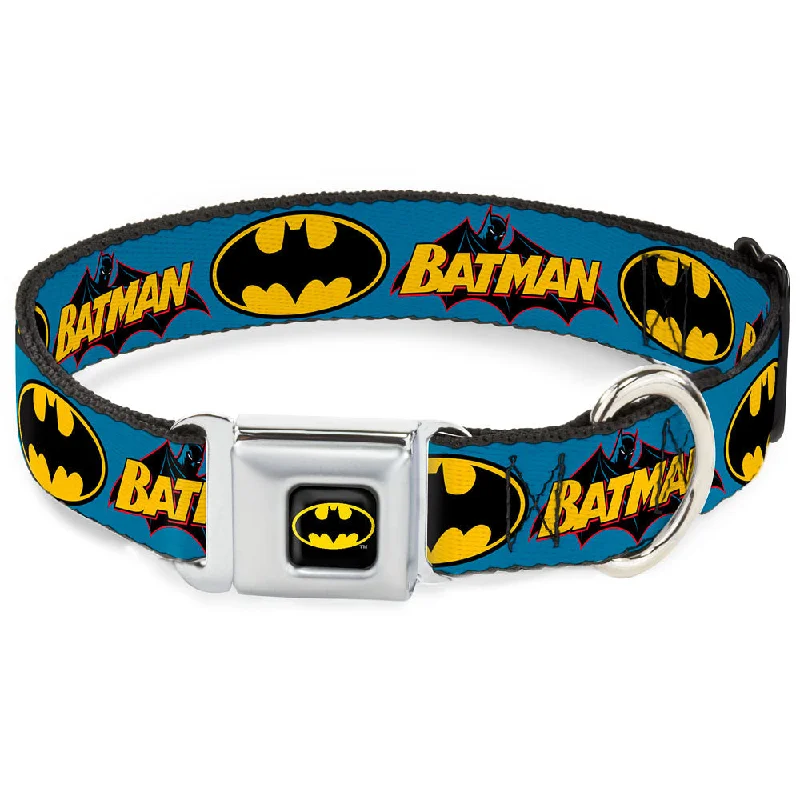 Batman Full Color Black Yellow Seatbelt Buckle Collar - Vintage Batman Logo & Bat Signal Blue