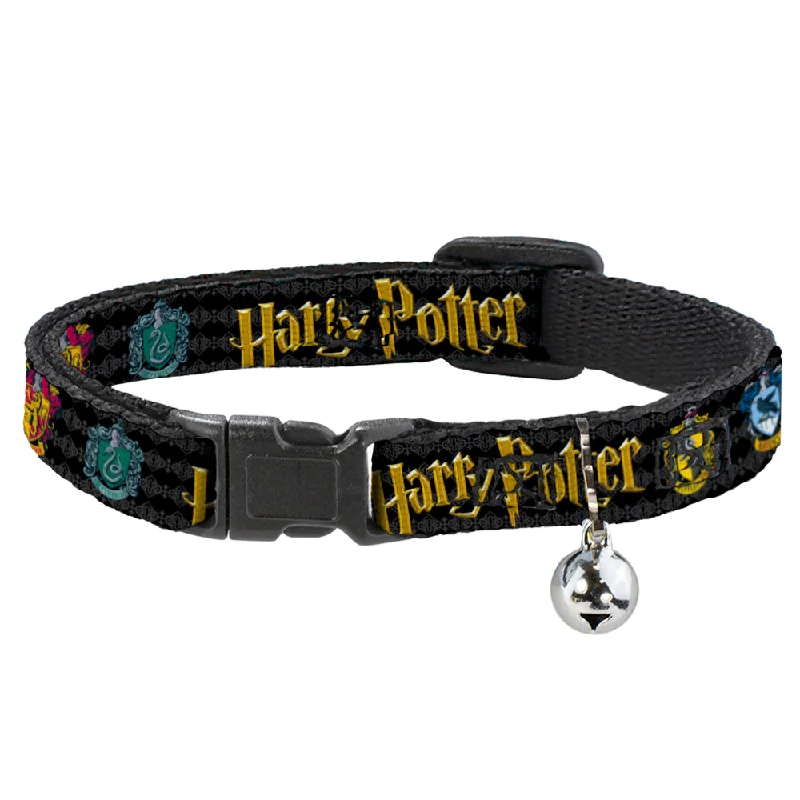 Cat Collar Breakaway with Bell - HARRY POTTER Hufflepuff/Ravenclaw/Gryffindor/Slytherin Coat of Arms Black