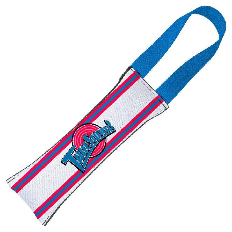 Dog Toy Squeaky Tug Toy - Space Jam TUNE SQUAD Logo Stripe White Red Blue - BLUE Handle Webbing