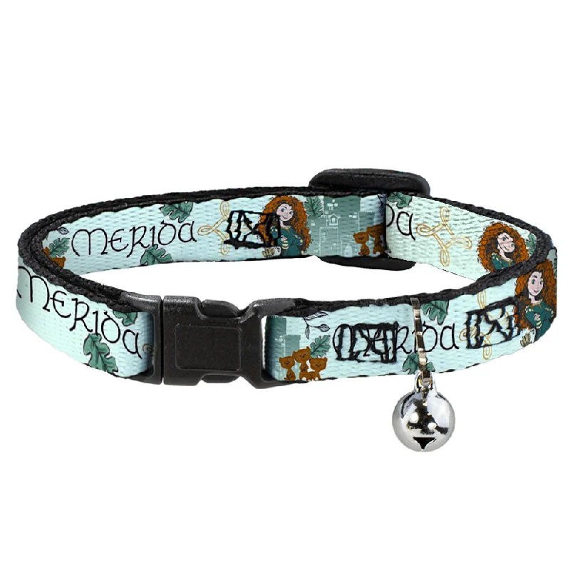 Cat Collar Breakaway with Bell - Brave Merida Castle and Three Bear Brothers Pose with Script Greens - NARROW Fits 8.5-12"