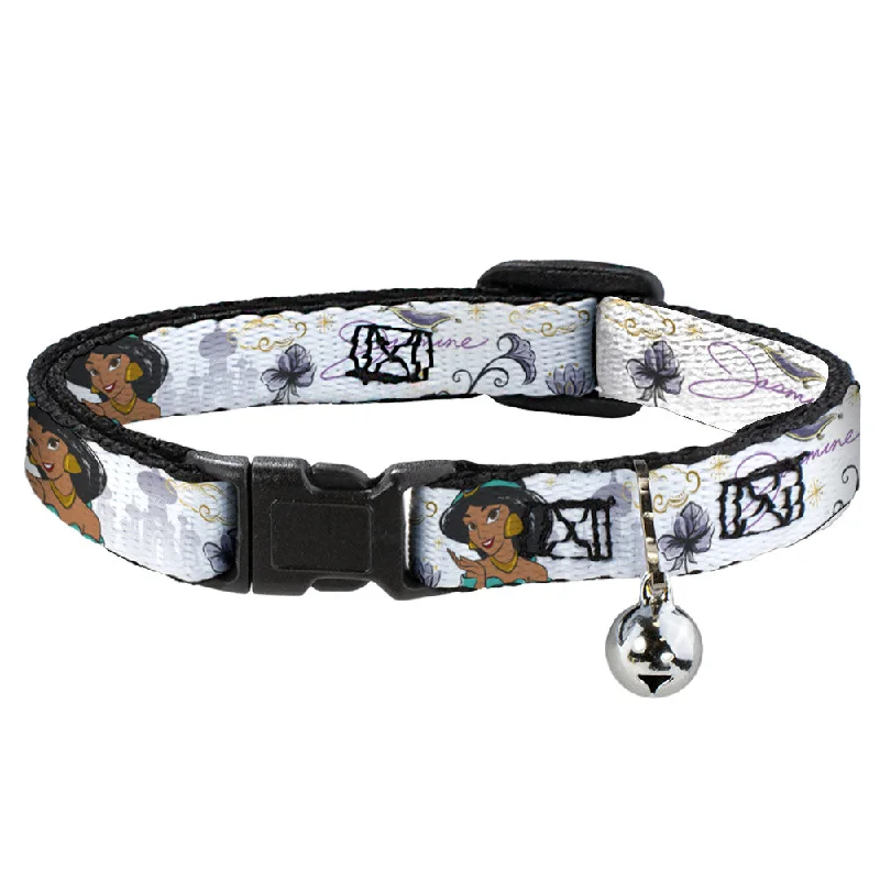 Cat Collar Breakaway with Bell - Aladdin Jasmine Palace Pose with Script and Flowers White Purples - NARROW Fits 8.5-12"