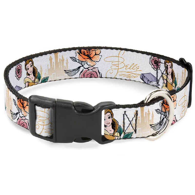 Plastic Clip Collar - Beauty and the Beast Belle Castle Pose with Script and Flowers White/Yellows