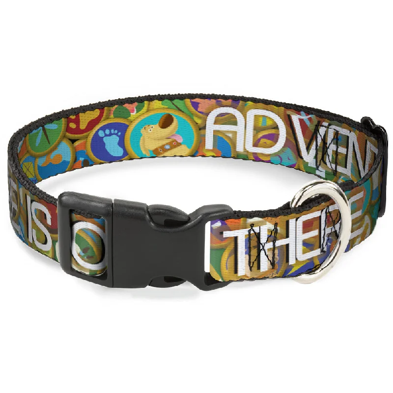 Plastic Clip Collar - ADVENTURE IS OUT THERE/Stacked Wilderness Explorer Badges Tan/Multi Color/White