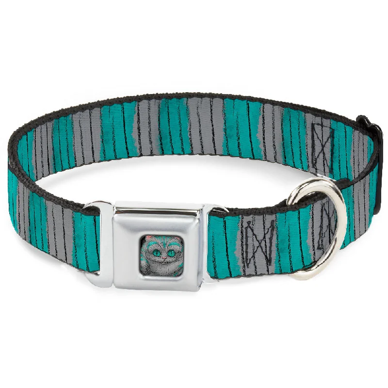 Alice Through the Looking Glass Cheshire Cat Pose Full Color Black Seatbelt Buckle Collar - Cheshire Cat Stripes Gray/Teal/Black