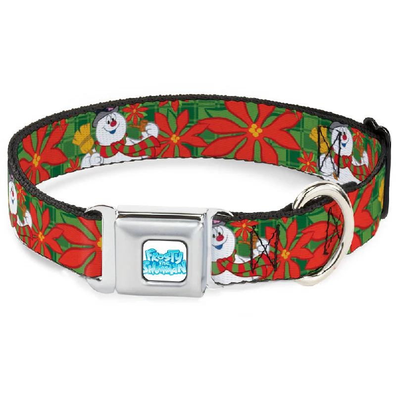 FROSTY THE SNOWMAN Logo Full Color White/Blues Seatbelt Buckle Collar - Frosty the Snowman Pose Poinsetta Plaid Collage Greens/Reds