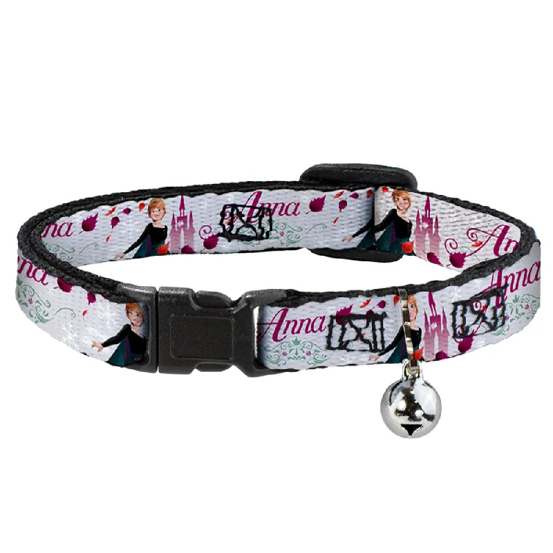 Cat Collar Breakaway with Bell - Frozen Anna Castle Pose with Flowers and Script Grays Pinks - NARROW Fits 8.5-12"