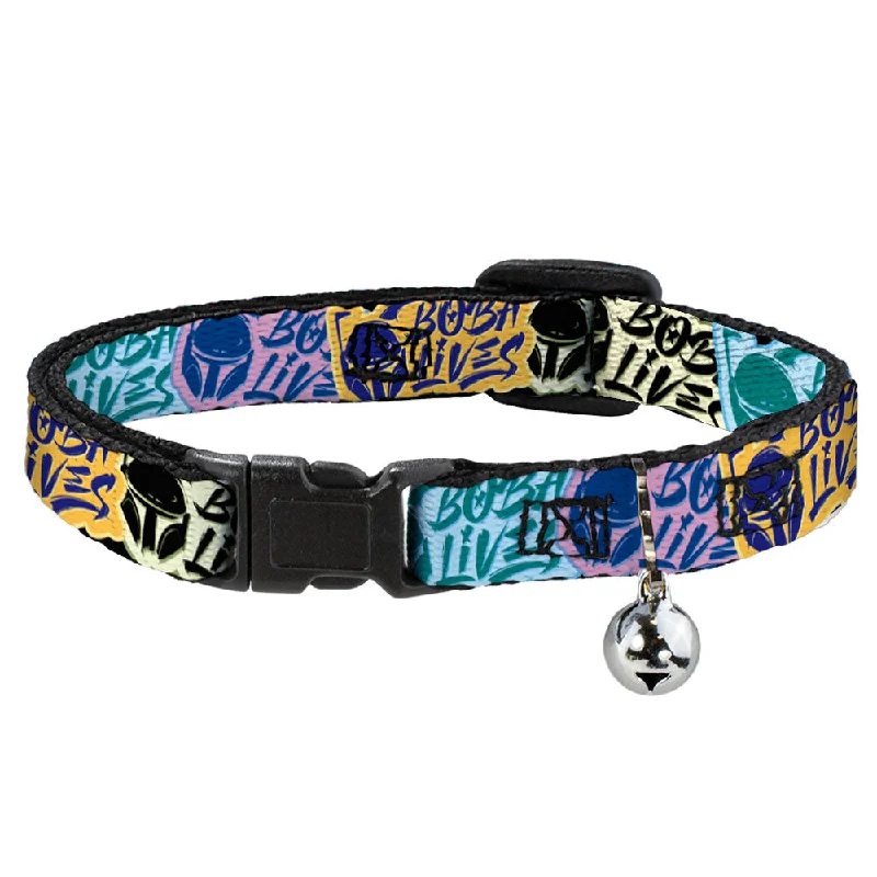 Cat Collar Breakaway with Bell - Boba Fett BOBA LIVES Graffiti Stacked Multi Color - NARROW Fits 8.5-12"