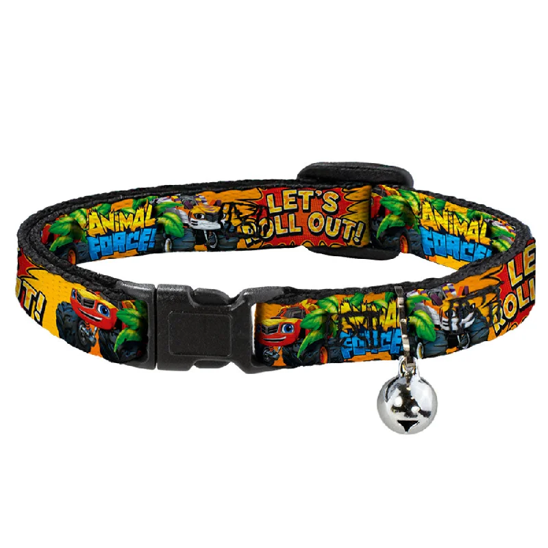 Cat Collar Breakaway with Bell - Blaze & Stripes ANIMAL FORCE Pose LET'S ROLL OUT! Pop Art Yellows Reds