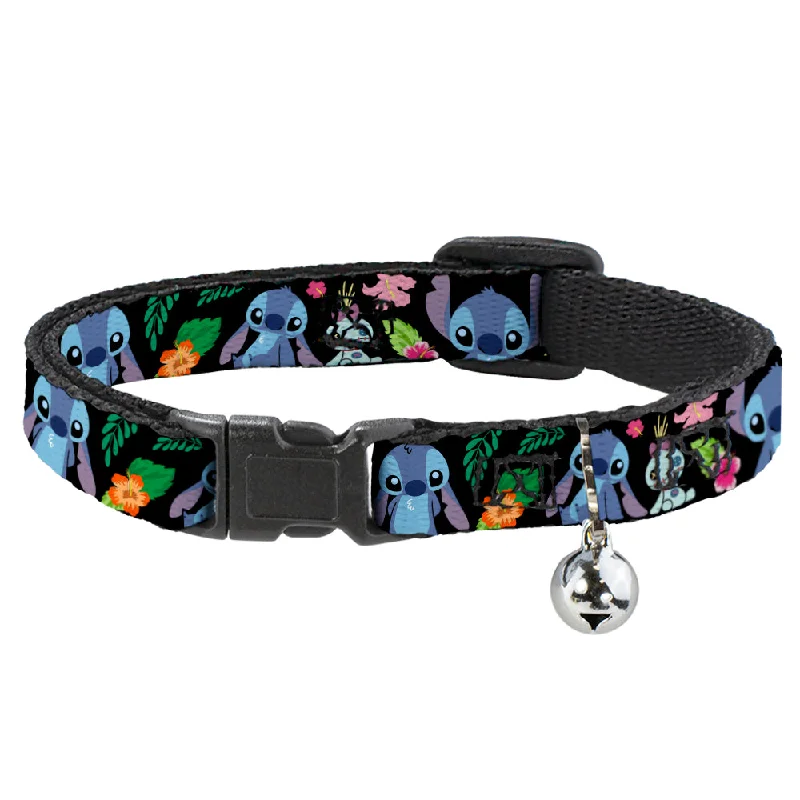 Cat Collar Breakaway - OHANA MEANS FAMILY Stitch & Scrump Poses Tropical Flora Black White Multi Color