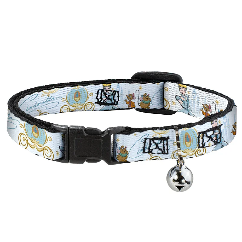 Cat Collar Breakaway with Bell - Cinderella Pumpkin Coach and Mice Pose with Script White Blues - NARROW Fits 8.5-12"