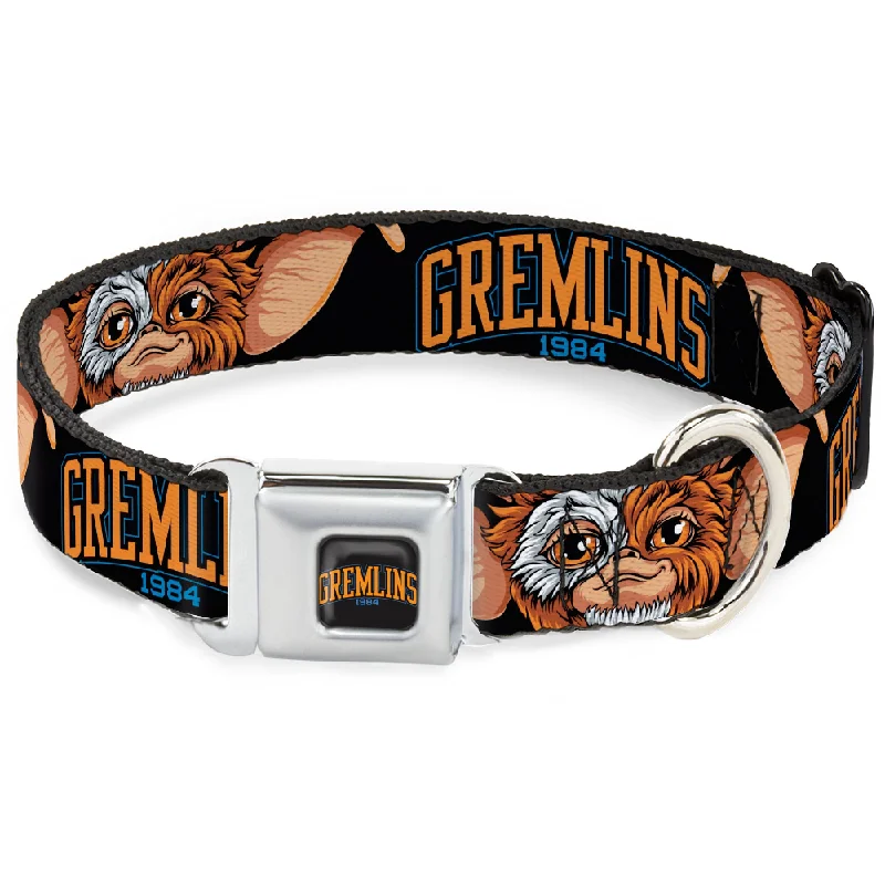 GREMLINS 1984 Title Logo Full Color Black/Blue/Orange Seatbelt Buckle Collar - GREMLINS 1984 Gizmo Face Close-Up Black