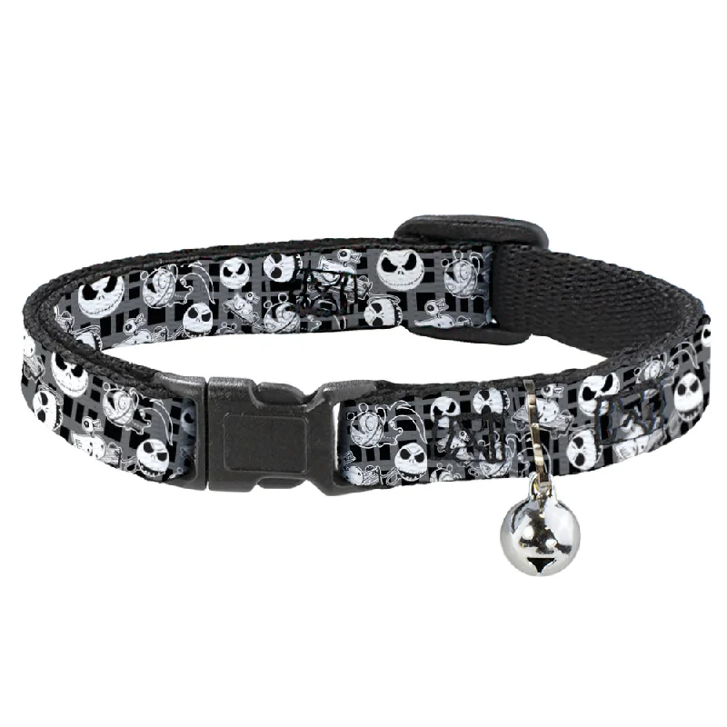 Cat Collar Breakaway - Nightmare Before Christmas Jack Expressions Scary Teddy Killer Duck Collage2 Plaid Black Gray White