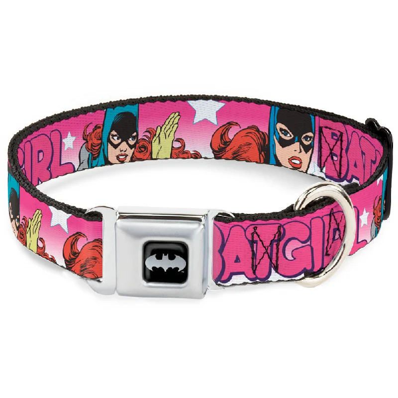 Batman Black/Silver Seatbelt Buckle Collar - BATGIRL Bubble Letters w/Stars Pink/White