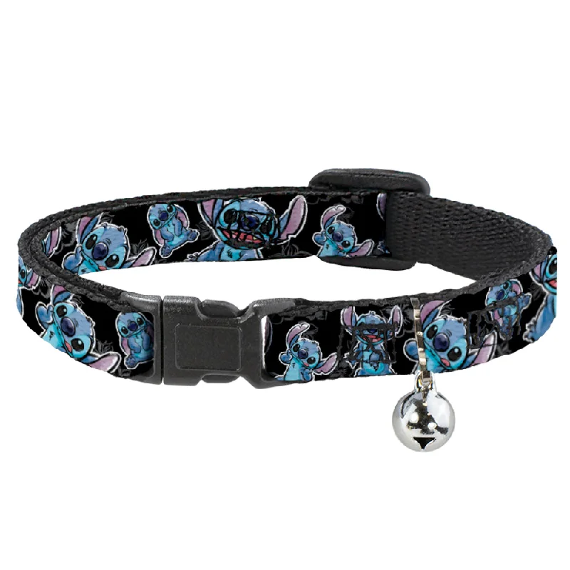 Cat Collar Breakaway - Stitch Poses Hibiscus Sketch Black Gray Blue