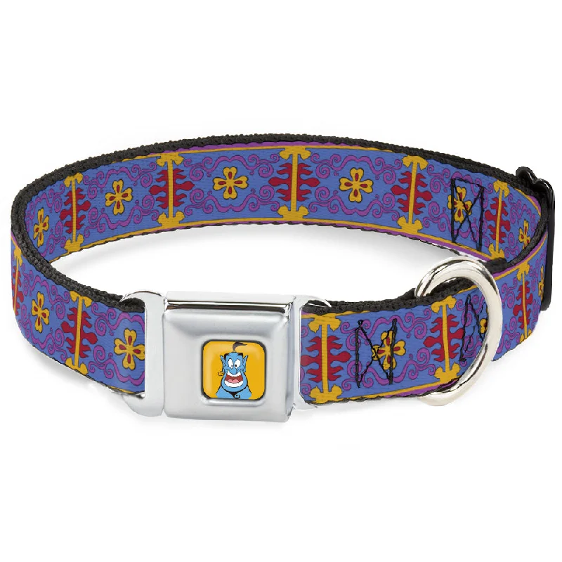 Classic Aladdin Genie Smiling Expression Full Color Yellow Seatbelt Buckle Collar - Classic Aladdin Magic Carpet Tapestry Blue/Purple/Gold/Red