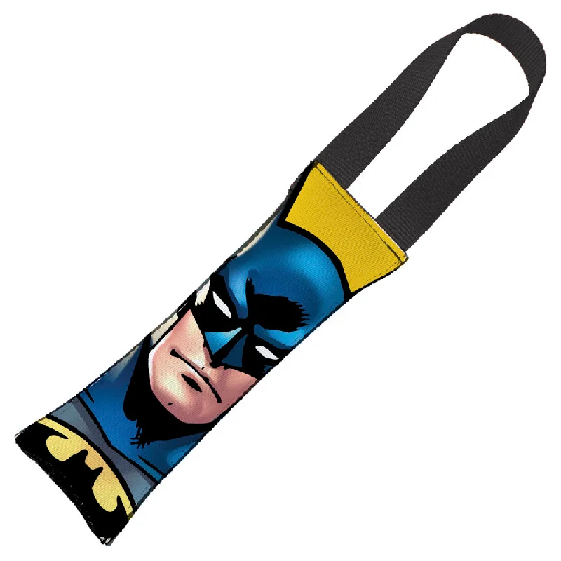 Dog Toy Squeaky Tug Toy - Batman JL Rebirth Face + Bat Icon CLOSE-UP Yellow Black - BLACK Webbing