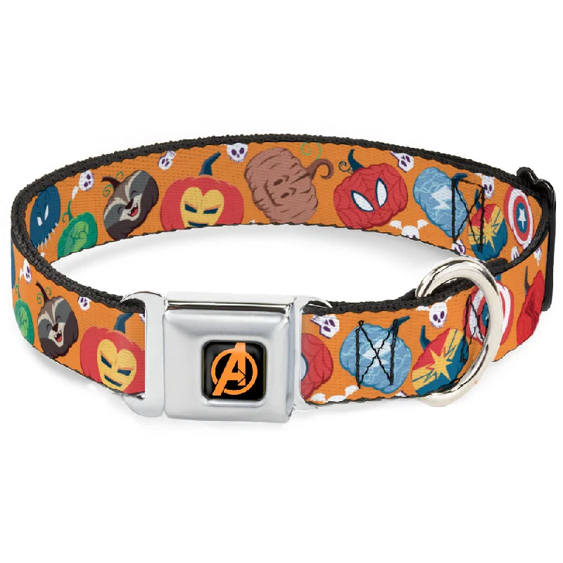 Avengers A Logo Full Color Black/Orange Seatbelt Buckle Collar - Marvel 9-Avengers Halloween Jack-O-Lantern Pumpkin Icons Scattered Orange