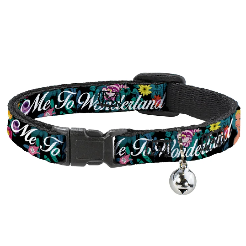 Cat Collar Breakaway - Alice Cheshire Cat Flowers Poses2 FOLLOW ME TO WONDERLAND Black Multi Color White