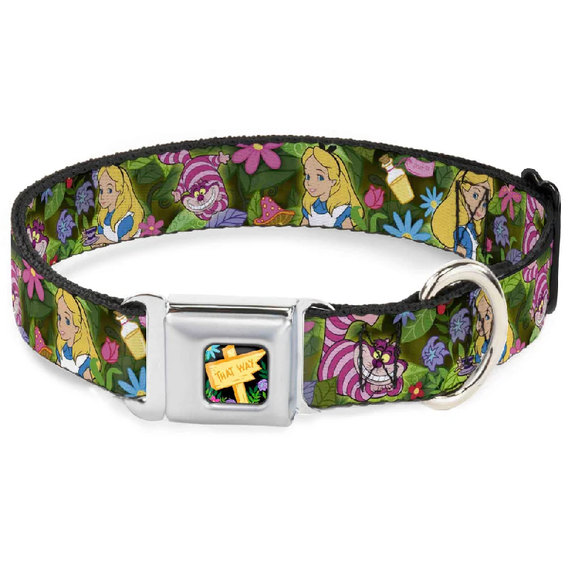 Alice in Wonderland THIS WAY Sign/Flowers Full Color Seatbelt Buckle Collar - Alice & Cheshire Cat Poses/Flowers