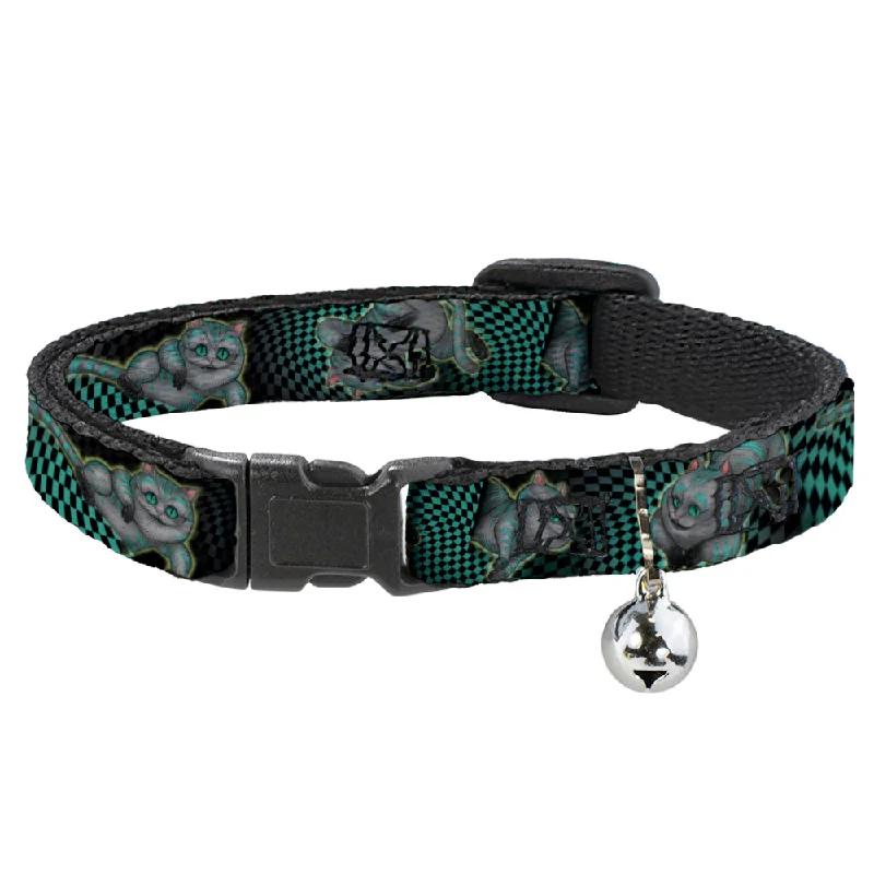 Cat Collar Breakaway - Cheshire Cat 4-Poses Checkers Teal Black