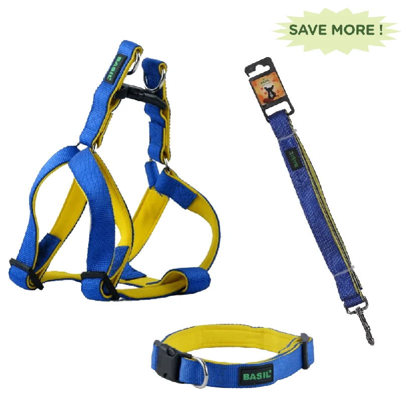 Basil Nylon Padded Adjustable Harness, Nylon Padded Leash and Padded Collar for Dogs Combo (Blue) - L