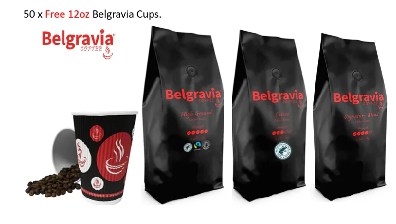 Belgravia Blends 3 x 1kg Bean Selection & 50 FREE Belgravia 12oz Cups