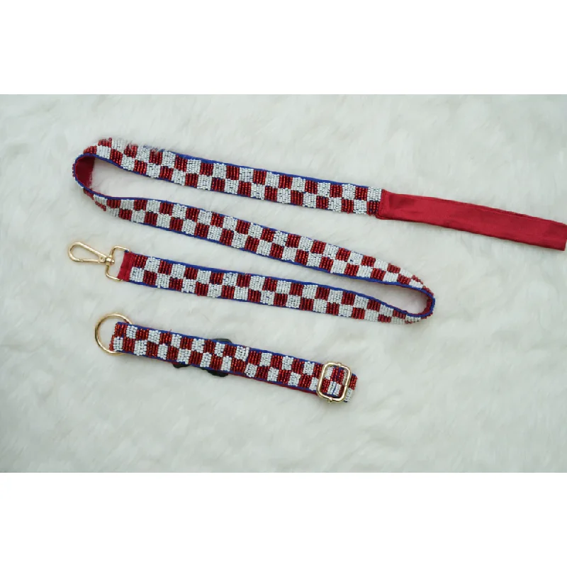 Floof & Co Checkered Leash & Collar (Maroon & White)