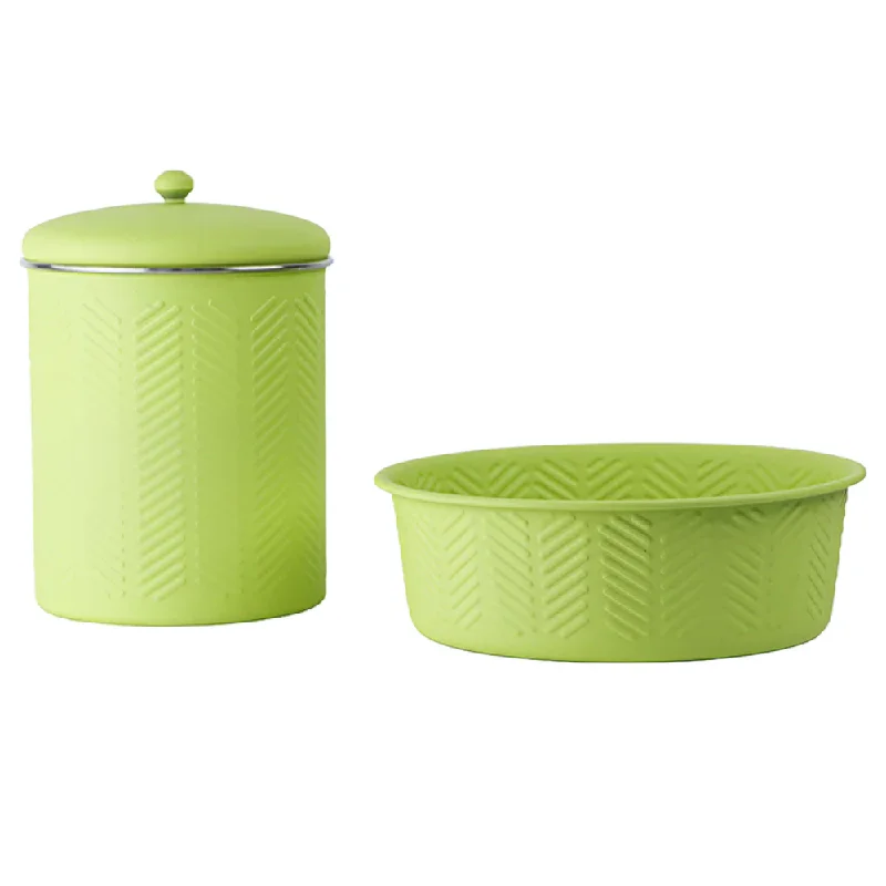 Pawpourri Chevron Emboss Treat Jar and Bowl Set for Dogs and Cats (Green)