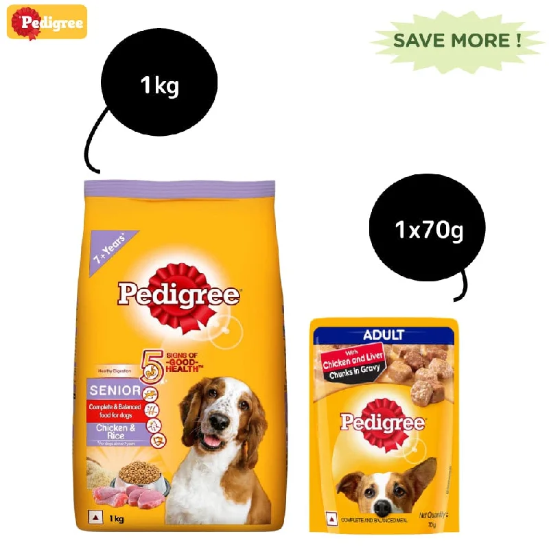 Pedigree Chicken & Rice Senior Dog Dry and Chicken and Liver Chunks in Gravy Adult Dog Wet Food Combo