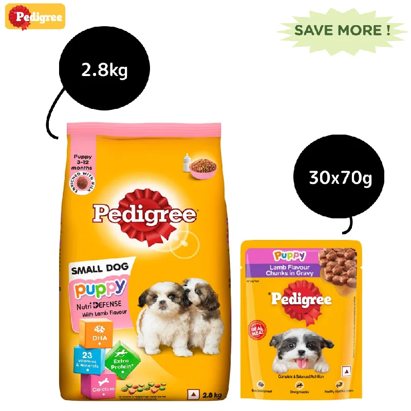 Pedigree Lamb & Milk Small Puppy Dry Food and Lamb Flavour Chunks in Gravy Puppy Wet Food Combo