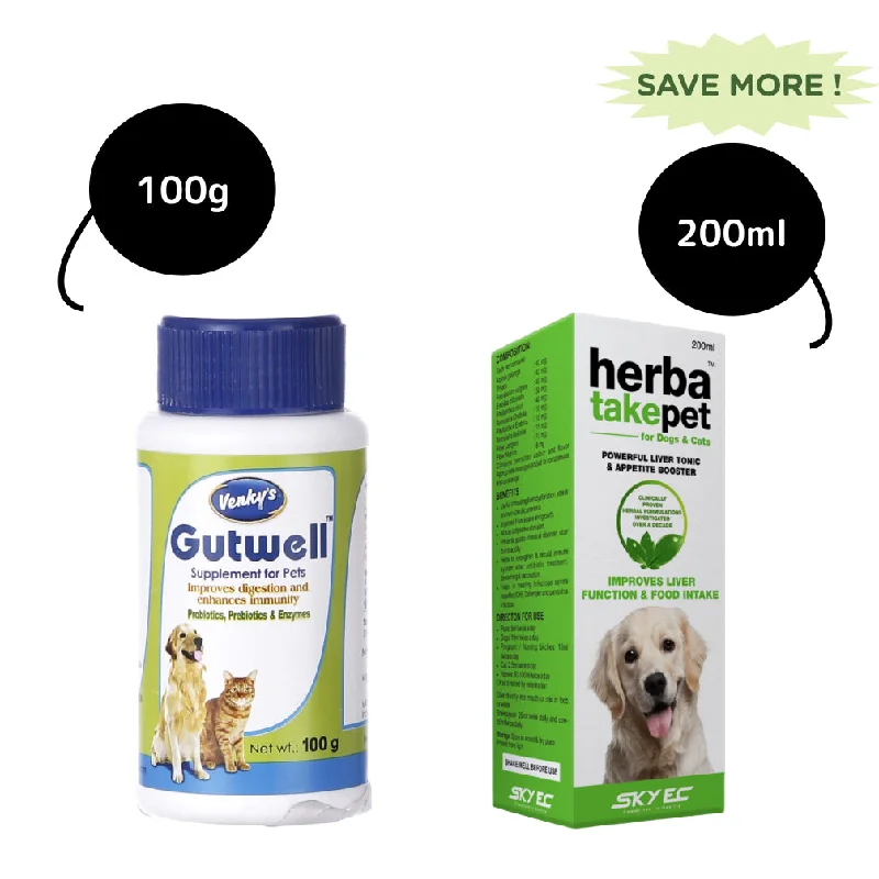 Gutwell Probiotic Powder (100g) & Herbatake Pet Liver Tonic (200ml) Combo for Dogs & Cats