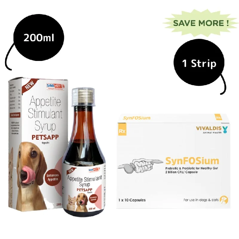 Synfosium Probiotic Capsule & Savavet Petsapp Appetite Booster Combo for Dogs & Cats